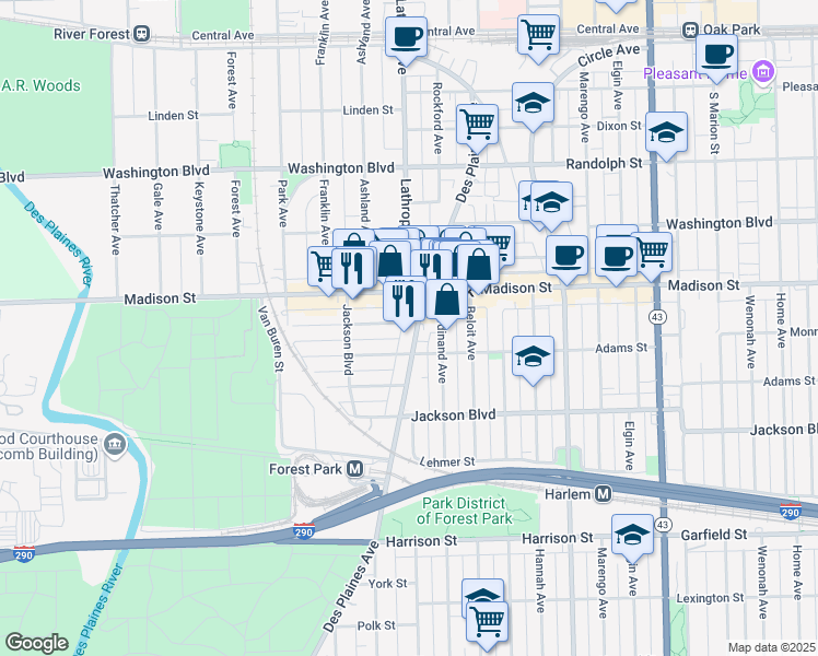 map of restaurants, bars, coffee shops, grocery stores, and more near 427 Des Plaines Avenue in Forest Park