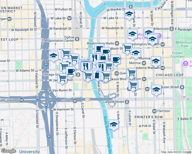 map of restaurants, bars, coffee shops, grocery stores, and more near 250 South Wacker Drive in Chicago