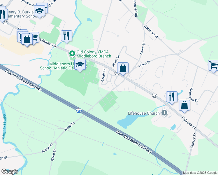map of restaurants, bars, coffee shops, grocery stores, and more near 140 Wood Street in Middleborough
