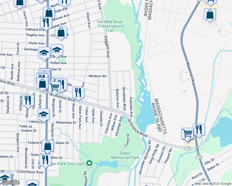 map of restaurants, bars, coffee shops, grocery stores, and more near 81 Ballston Avenue in Pawtucket
