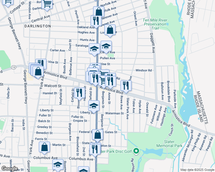 map of restaurants, bars, coffee shops, grocery stores, and more near 15 Malvern Avenue in Pawtucket