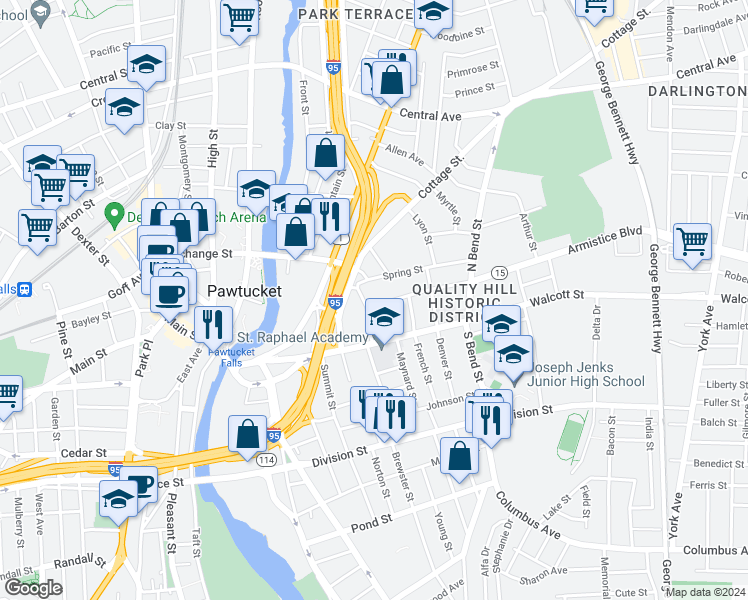map of restaurants, bars, coffee shops, grocery stores, and more near 26 Grove Street in Pawtucket