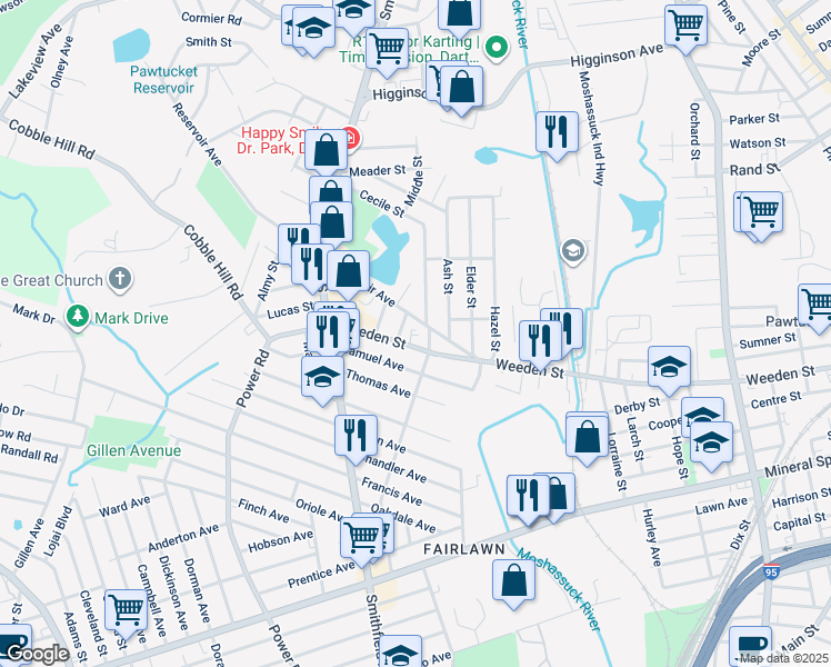 map of restaurants, bars, coffee shops, grocery stores, and more near 70 Reservoir Avenue in Pawtucket