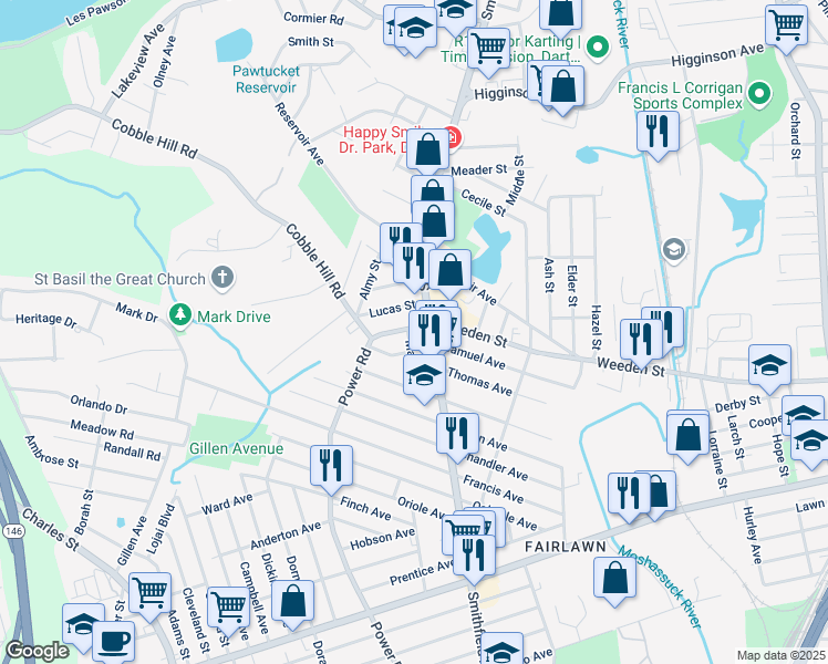 map of restaurants, bars, coffee shops, grocery stores, and more near 813 Weeden Street in Pawtucket