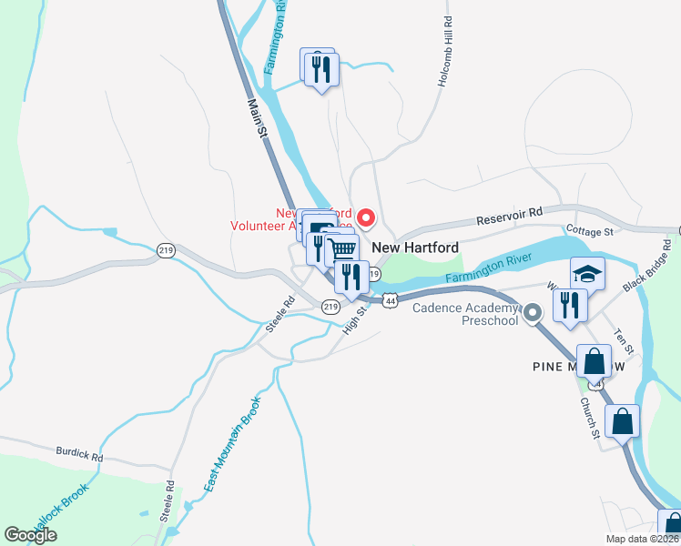map of restaurants, bars, coffee shops, grocery stores, and more near 516 Main Street in New Hartford