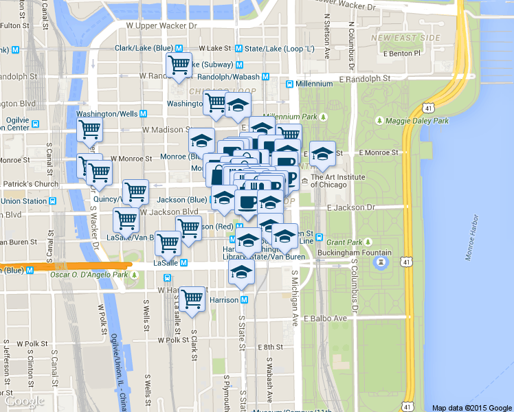 map of restaurants, bars, coffee shops, grocery stores, and more near 14 East Jackson Boulevard in Chicago