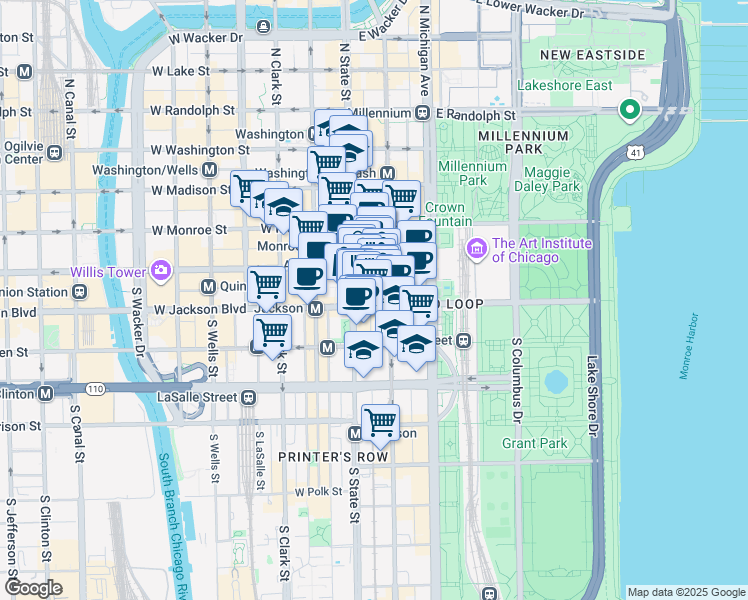 map of restaurants, bars, coffee shops, grocery stores, and more near 14 East Jackson Boulevard in Chicago