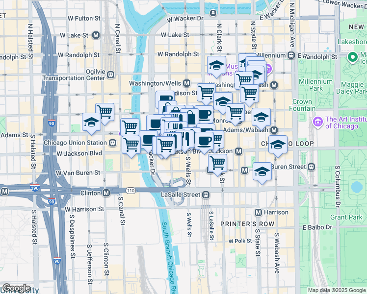 map of restaurants, bars, coffee shops, grocery stores, and more near 302 South Wells Street in Chicago