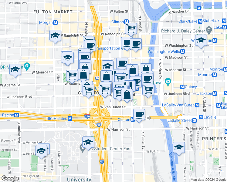 map of restaurants, bars, coffee shops, grocery stores, and more near 223 South Desplaines Street in Chicago