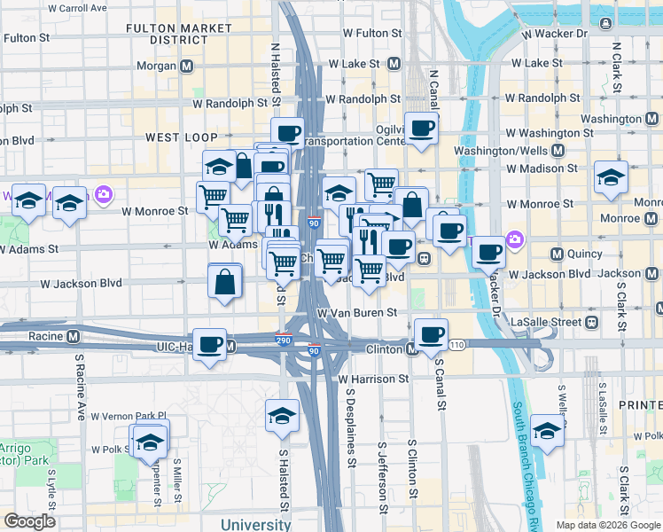 map of restaurants, bars, coffee shops, grocery stores, and more near 799743 West Quincy Street in Chicago