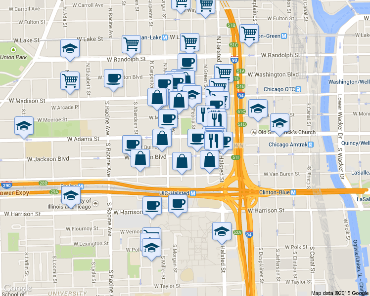 map of restaurants, bars, coffee shops, grocery stores, and more near 225 South Sangamon Street in Chicago