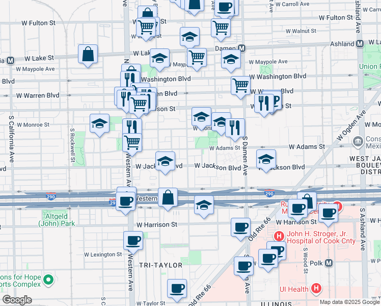 map of restaurants, bars, coffee shops, grocery stores, and more near 2153 West Adams Street in Chicago