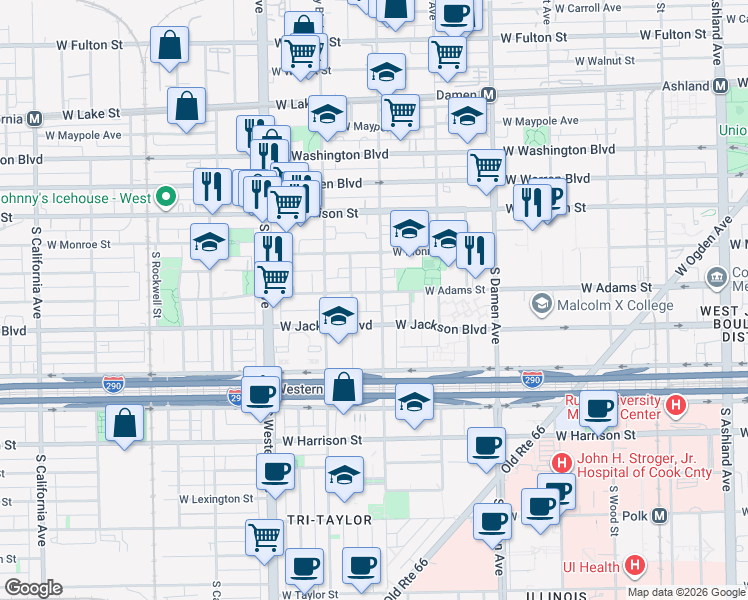 map of restaurants, bars, coffee shops, grocery stores, and more near 2227 West Adams Street in Chicago