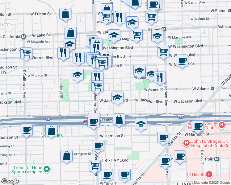 map of restaurants, bars, coffee shops, grocery stores, and more near 2301 West Adams Street in Chicago