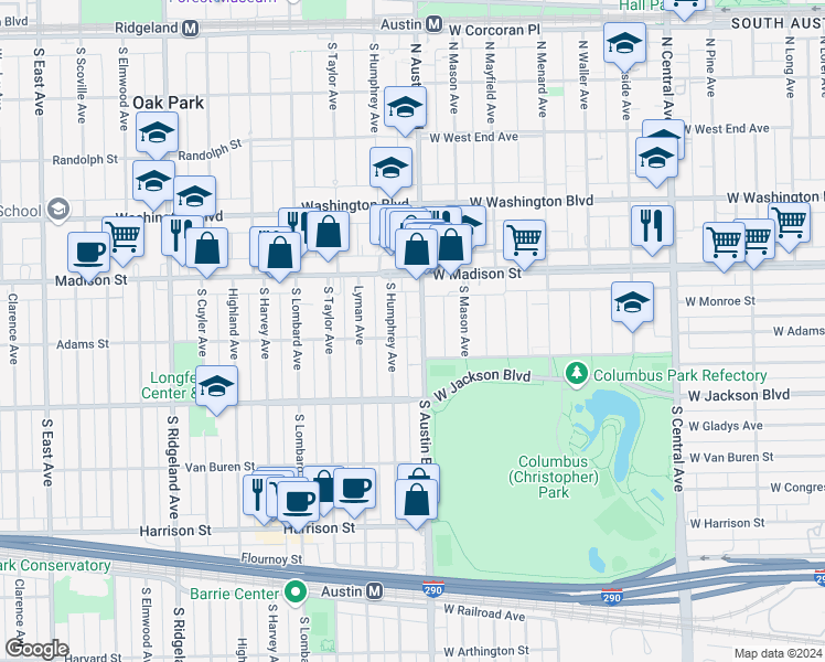 map of restaurants, bars, coffee shops, grocery stores, and more near 540 South Humphrey Avenue in Oak Park