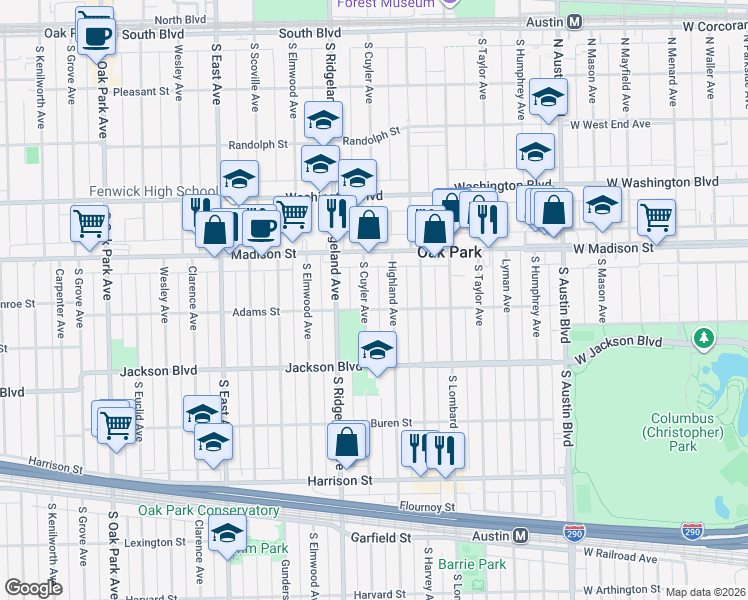 map of restaurants, bars, coffee shops, grocery stores, and more near 536 South Cuyler Avenue in Oak Park