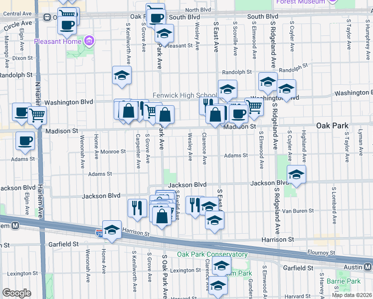 map of restaurants, bars, coffee shops, grocery stores, and more near 533 Wesley Avenue in Oak Park