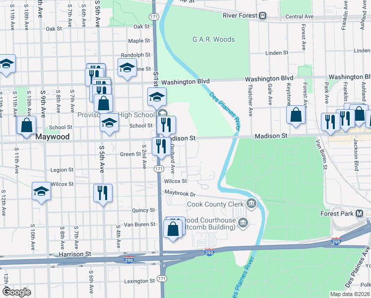map of restaurants, bars, coffee shops, grocery stores, and more near 50 Madison St in Maywood
