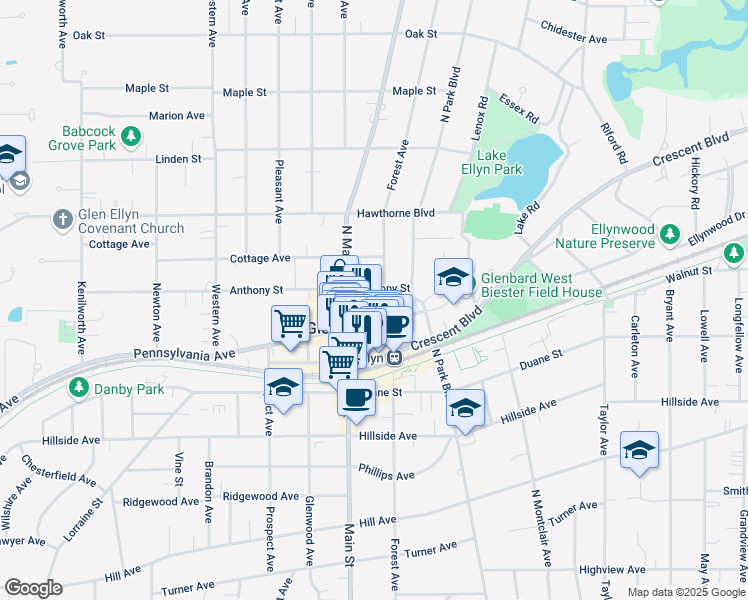 map of restaurants, bars, coffee shops, grocery stores, and more near 521 Forest Avenue in Glen Ellyn