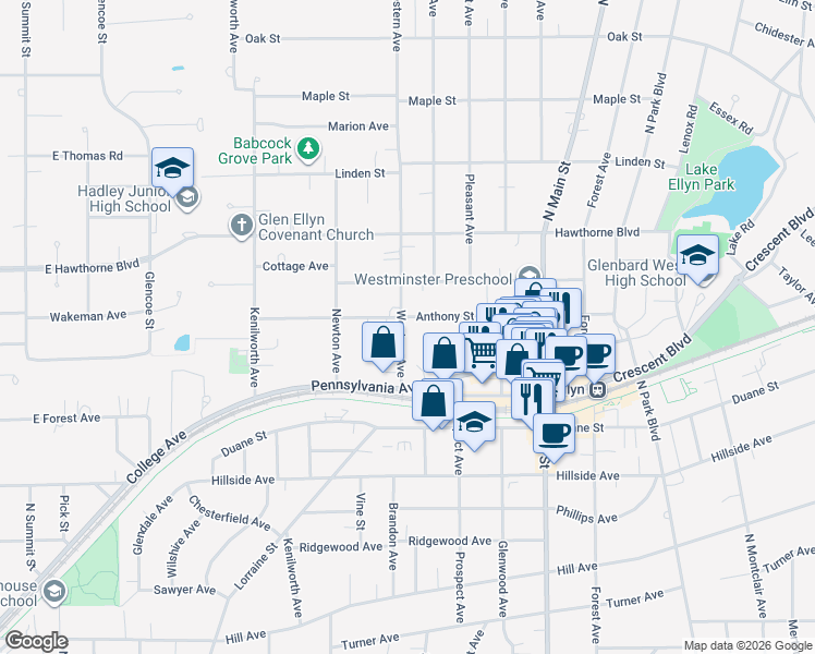 map of restaurants, bars, coffee shops, grocery stores, and more near 399 Anthony Street in Glen Ellyn
