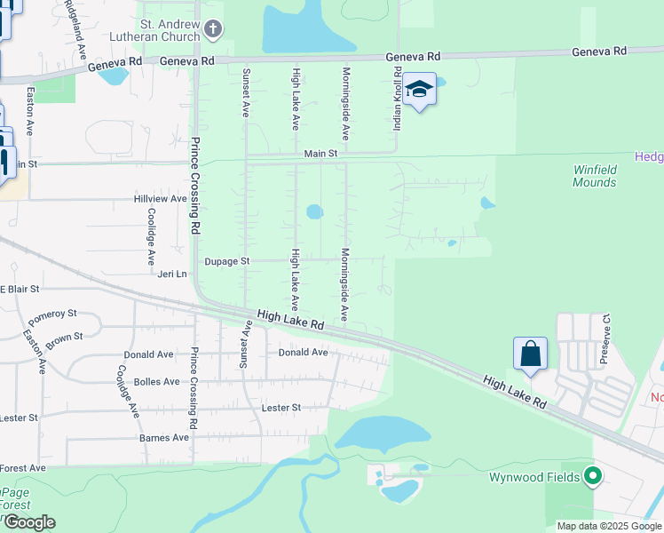 map of restaurants, bars, coffee shops, grocery stores, and more near N379 Morningside Avenue in West Chicago