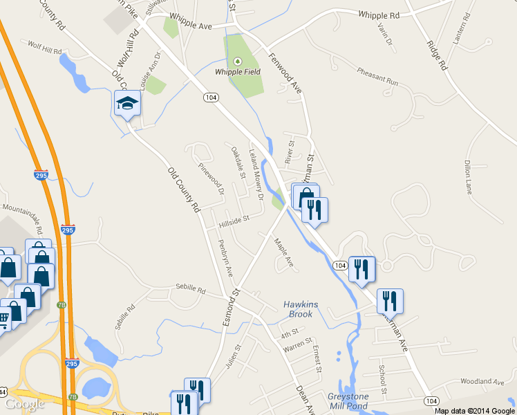 map of restaurants, bars, coffee shops, grocery stores, and more near 29 Leland Mowry Dr in Smithfield