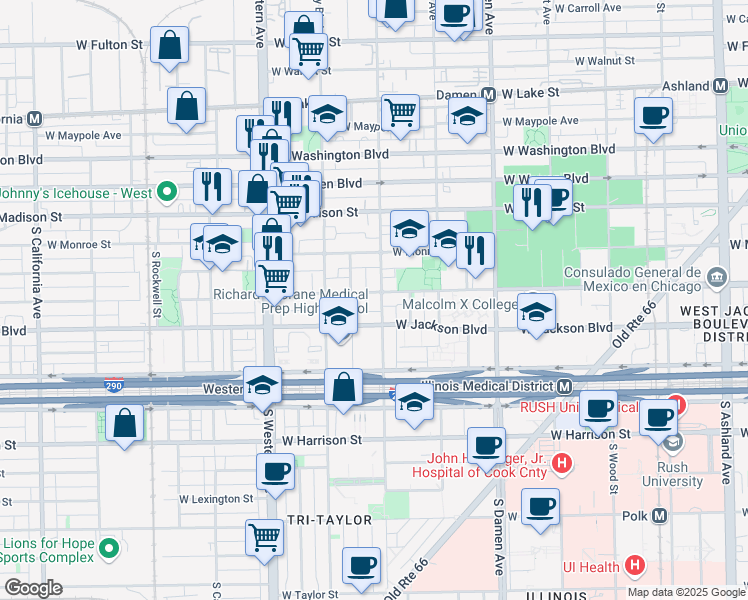 map of restaurants, bars, coffee shops, grocery stores, and more near 2227 West Adams Street in Chicago