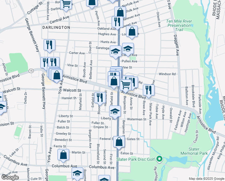 map of restaurants, bars, coffee shops, grocery stores, and more near 505 Armistice Boulevard in Pawtucket