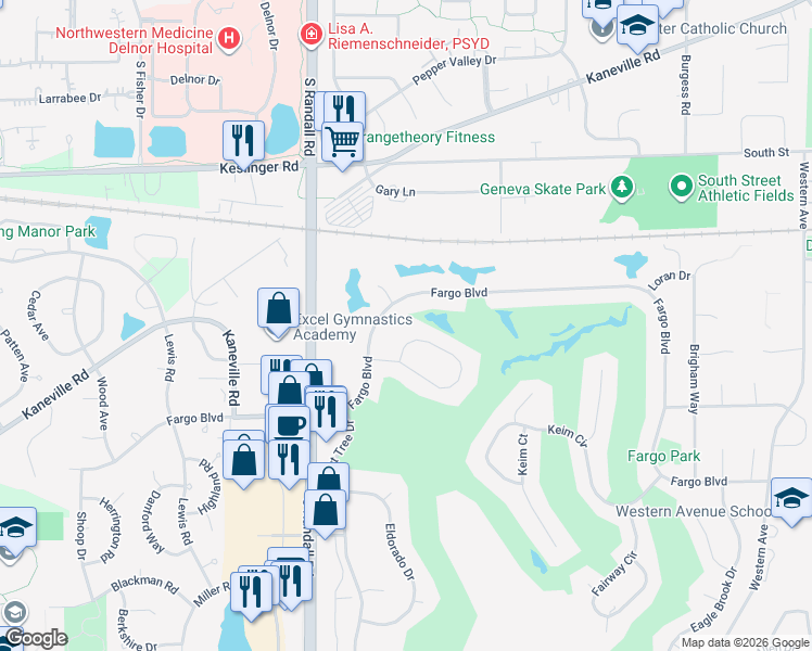 map of restaurants, bars, coffee shops, grocery stores, and more near 919 Saint Andrews Circle in Geneva