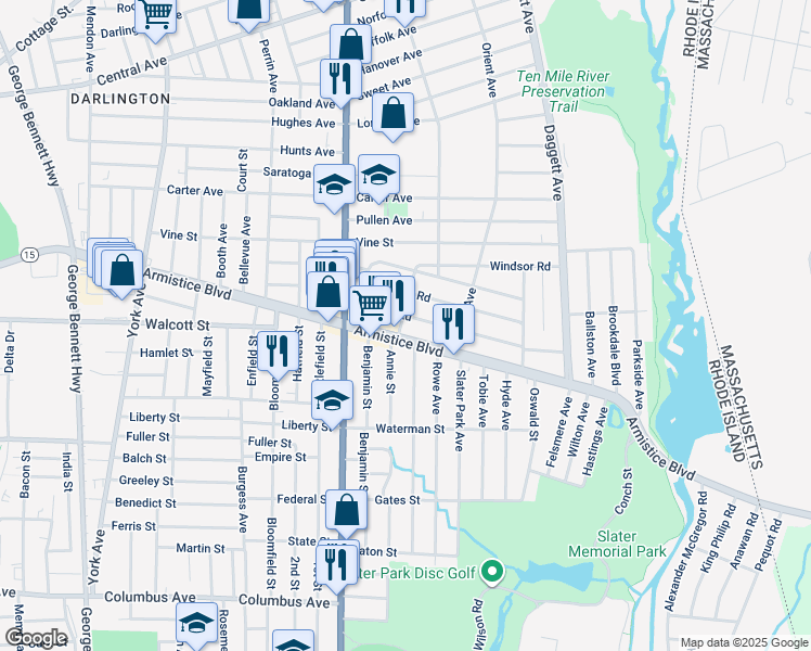 map of restaurants, bars, coffee shops, grocery stores, and more near 15 Malvern Avenue in Pawtucket