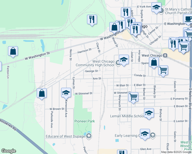 map of restaurants, bars, coffee shops, grocery stores, and more near 323 Ann Street in West Chicago