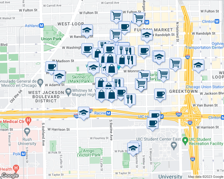 map of restaurants, bars, coffee shops, grocery stores, and more near 221 South Racine Avenue in Chicago