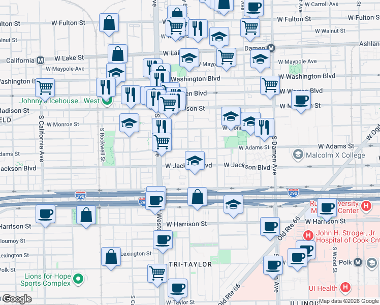 map of restaurants, bars, coffee shops, grocery stores, and more near 2261 West Adams Street in Chicago