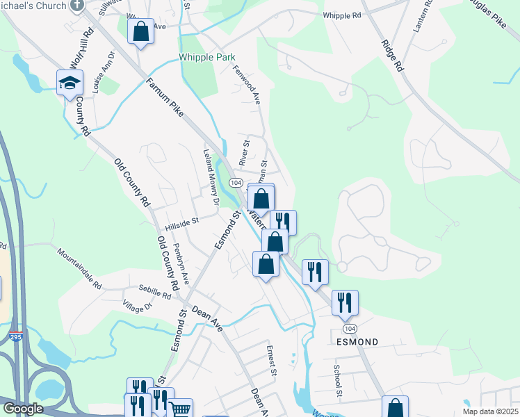 map of restaurants, bars, coffee shops, grocery stores, and more near 349 Waterman Avenue in Smithfield