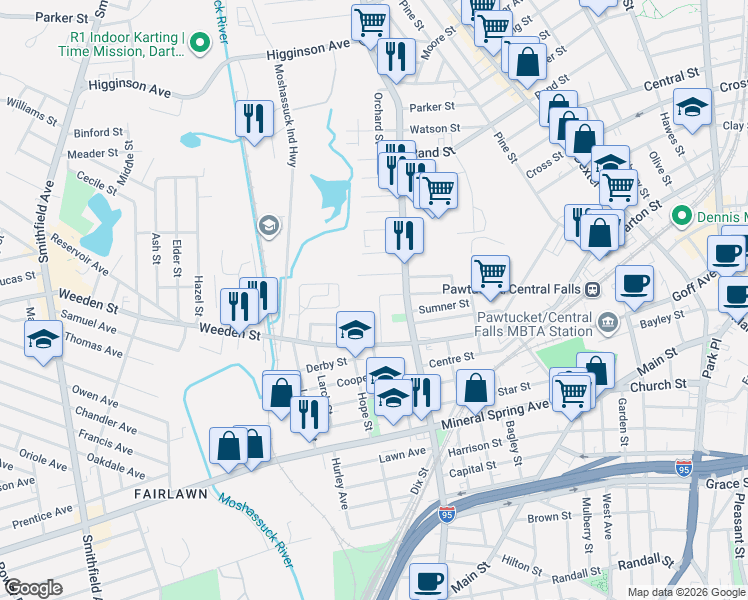 map of restaurants, bars, coffee shops, grocery stores, and more near 64 Florence St in Pawtucket