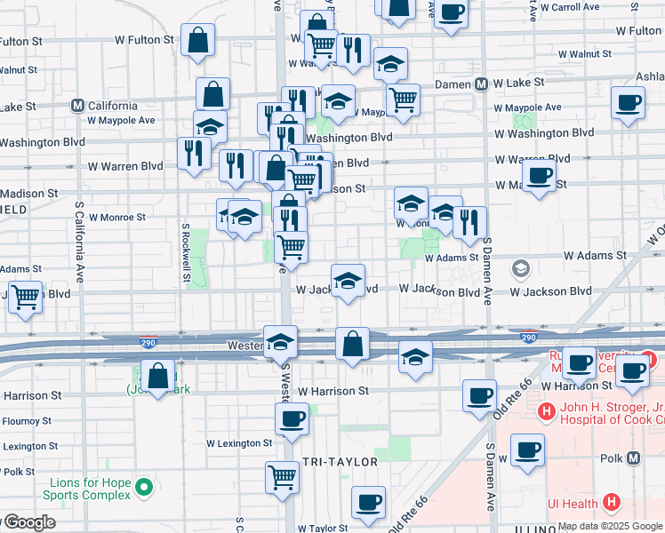 map of restaurants, bars, coffee shops, grocery stores, and more near 2301 West Adams Street in Chicago