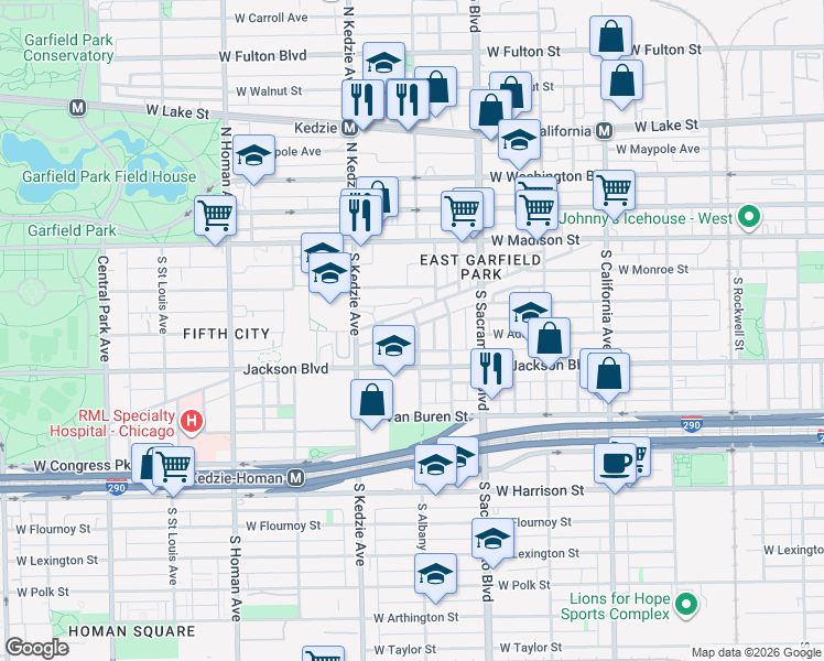 map of restaurants, bars, coffee shops, grocery stores, and more near 140 South Albany Avenue in Chicago