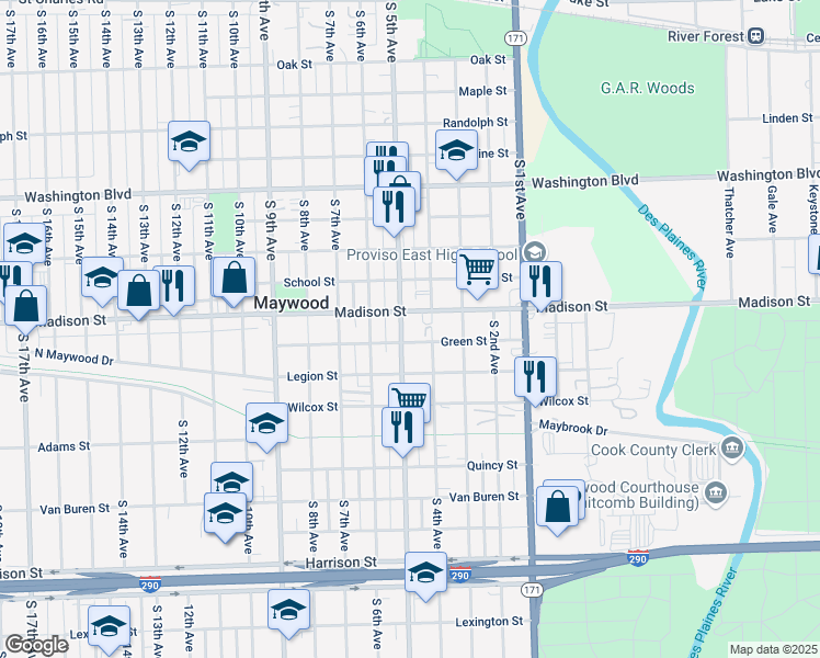 map of restaurants, bars, coffee shops, grocery stores, and more near 1011 South 5th Avenue in Maywood