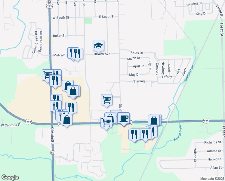 map of restaurants, bars, coffee shops, grocery stores, and more near 1281 Barrington Lane in Adrian