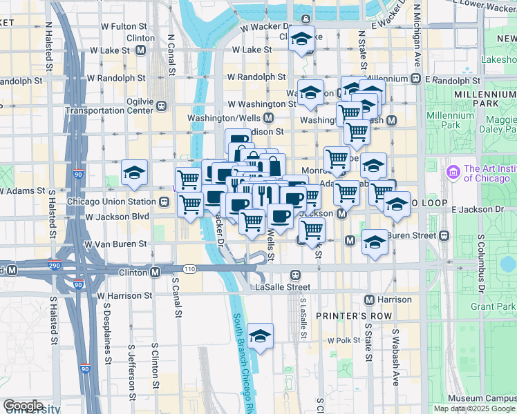 map of restaurants, bars, coffee shops, grocery stores, and more near 302 South Wells Street in Chicago