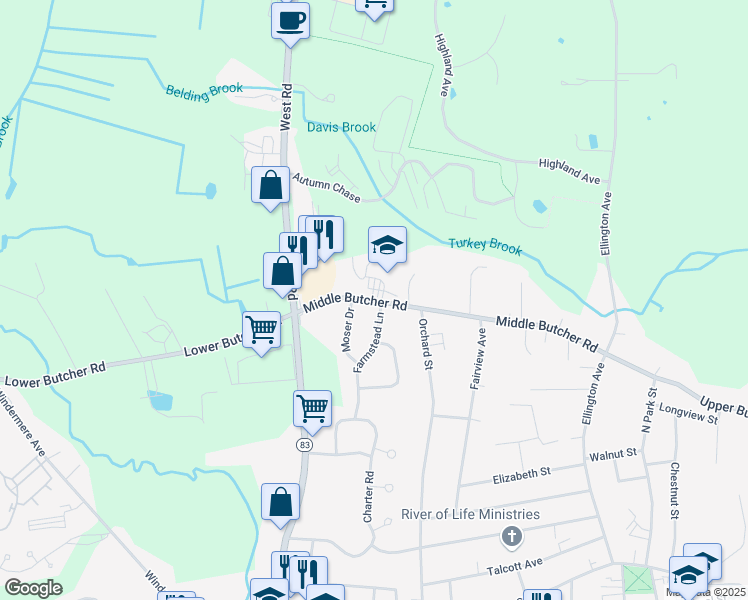 map of restaurants, bars, coffee shops, grocery stores, and more near 46 Middle Butcher Road in Ellington