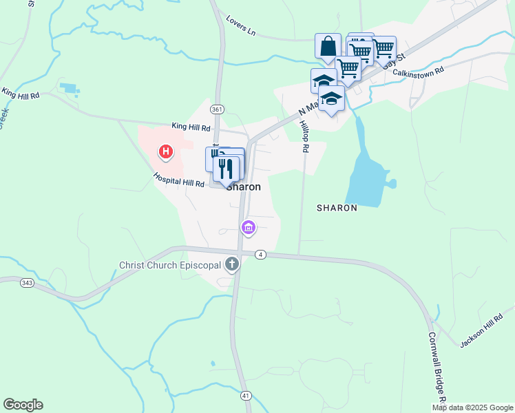 map of restaurants, bars, coffee shops, grocery stores, and more near 28 Upper Main Street in Sharon