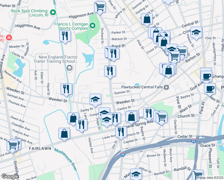 map of restaurants, bars, coffee shops, grocery stores, and more near 397 Lonsdale Avenue in Pawtucket