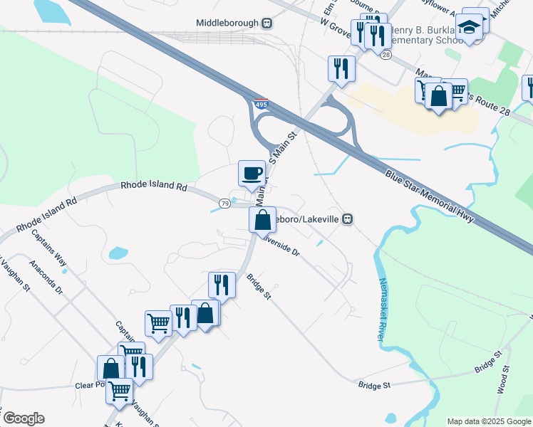 map of restaurants, bars, coffee shops, grocery stores, and more near 10 Main Street in Lakeville