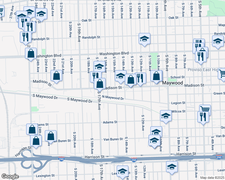 map of restaurants, bars, coffee shops, grocery stores, and more near 1510 Madison Street in Maywood