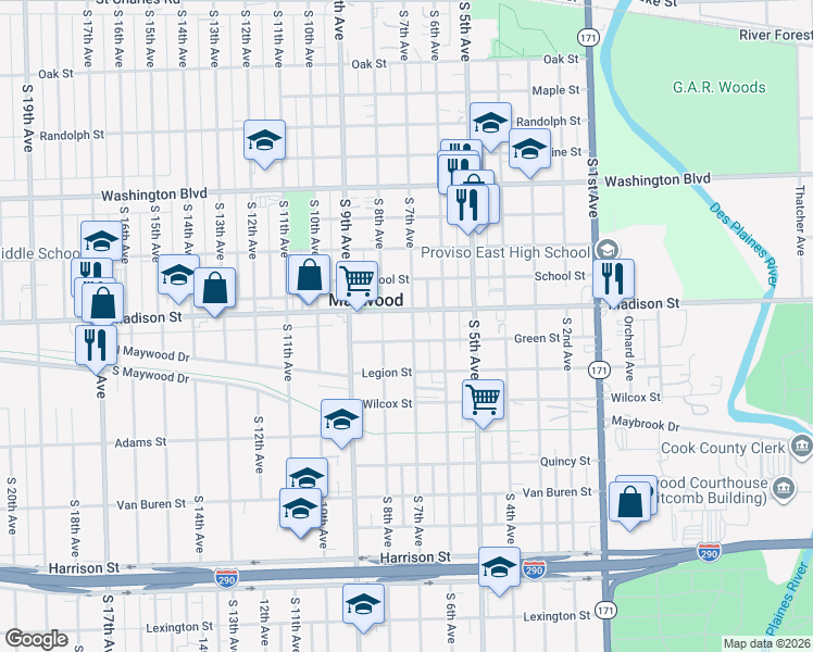 map of restaurants, bars, coffee shops, grocery stores, and more near 1008 South 7th Avenue in Maywood