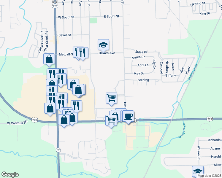 map of restaurants, bars, coffee shops, grocery stores, and more near 101 Lexington Drive in Adrian