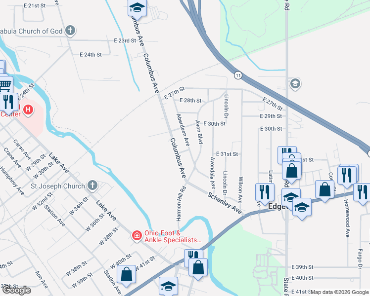map of restaurants, bars, coffee shops, grocery stores, and more near 3047 Aberdeen Avenue in Ashtabula