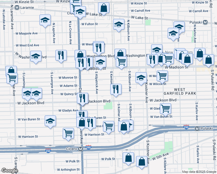 map of restaurants, bars, coffee shops, grocery stores, and more near 4614 West Adams Street in Chicago