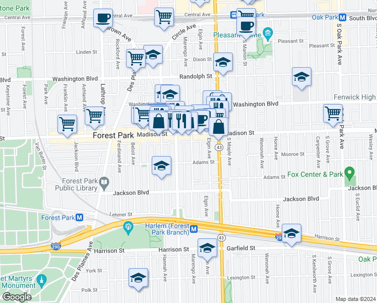 map of restaurants, bars, coffee shops, grocery stores, and more near 431 Marengo Avenue in Forest Park